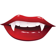Red Lips with Vampire Fangs Showing Teeth Open Mouth Mysterious Horror Gothic Element on Transparent Background