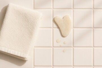 A heart-shaped gua sha tool rests on a white tiled surface next to a soft white towel. The scene is minimalistic and serene, emphasizing relaxation and self-care.