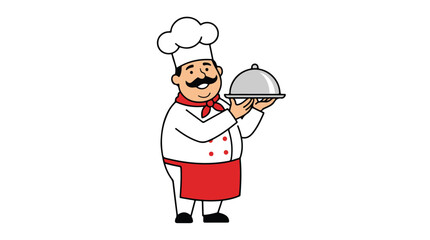 Cartoon Chef Holding a Silver Platter with a Lid.