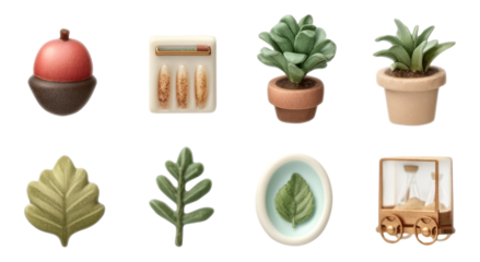 Soft Semi-Realistic Botanical Toy Figurines Isolated on Transparent Background