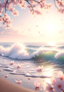 Ethereal blossoms frame turquoise waves on a serene beach at sunrise