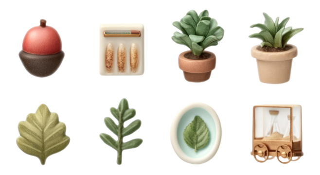 Soft Semi-Realistic Botanical Toy Figurines Isolated on Transparent Background