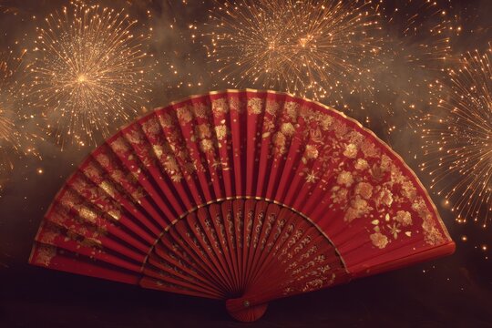 Red fan with gold fireworks blooming behind it.