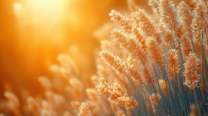 Obraz premium Close-up shot of golden wheat stalks bathed in autumnal light. Captures the beauty and serenity of the harvest season. Focus on texture and color.