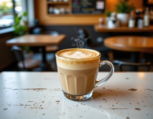 Steaming Latte with Latte Art in Cozy Coffee Shop, Ample White Space for Text or Design, Warm Tones, Perfect for Mockups and Lifestyle Photography Projects