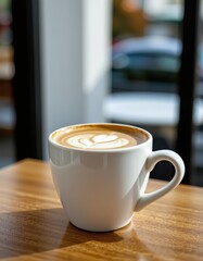 Latte Art in a White Mug on a Wooden Table with Copy Space, Perfect for Coffee Shops, Cafes, and Beverage Promotions