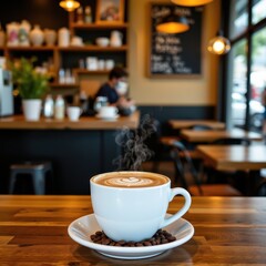Aromatic Latte with Art in Trendy Coffee Shop: Blank Space for Text, Perfect for Social Media and Branding