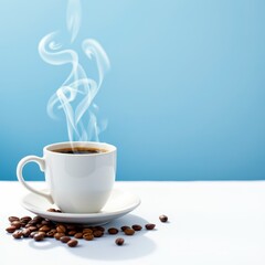 Aromatic Coffee Cup with Steam on Blue Background and Copy Space, Perfect for Morning Rituals and Coffee Break Concepts