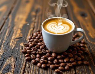 Aromatic Latte Art: Steaming Coffee and Fresh Beans on Rustic Wood for a Perfect Coffee Break Experience
