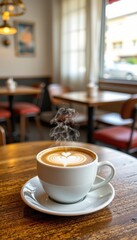 Steaming Latte Art in a Cozy Cafe Setting - Perfect for Morning Coffee Break and adding Text Overlay.