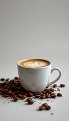 Elegant Latte Art Coffee Cup with Coffee Beans and Blank Space for Text Over a Clean Background - Perfect for Coffee Shop Promotions