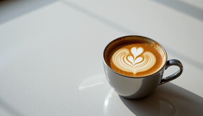 Minimalist Latte Art on White Tabletop: Perfect for Copy Space and Business Branding