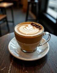 Delicious Latte Art with Coffee Beans on a Rustic Table in a Cozy Cafe Setting, Perfect for a Coffee Break