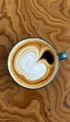 Top-Down View of a Frothy Latte on a Swirling Wood Grain Table, Espresso with Latte Art Ready for Content Creation