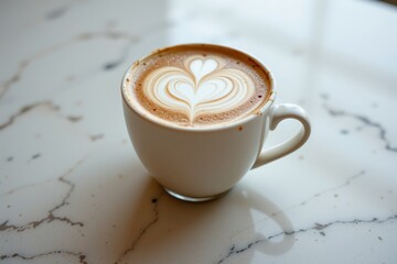 Elegant Latte Art on Marble Table - Perfect Morning Coffee Moment in Ivory Tones
