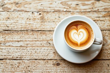 Heart Latte Art on Rustic Wooden Table, Perfect for Morning Coffee Promotion and Cafe Advertising, ample space for text.