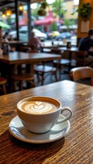 Cozy Coffee Shop Latte with Heart Art on Wooden Table: A Morning Energy Boost in a Relaxing Atmosphere