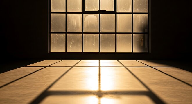 Illuminated window casting grid pattern shadows in a dark room setting
