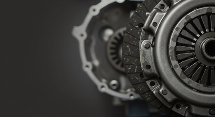 Close-up of a car clutch kit with pressure plate and disc. Automotive spare parts for manual transmission repair and vehicle maintenance with copy space