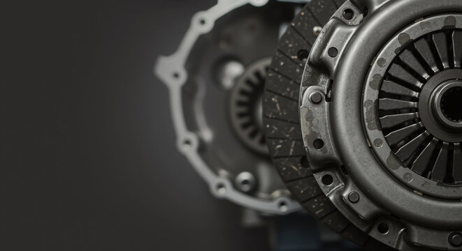 Close-up of a car clutch kit with pressure plate and disc. Automotive spare parts for manual transmission repair and vehicle maintenance with copy space - Powered by Adobe