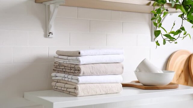 Clean kitchen shelves displaying linens and decorative elements