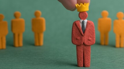Person&rsquo;s hand, staff, leader, selection, employer, find, Empowering Creative Leadership Concept with Hand Placing Crown on Staff Figure, Symbolizing Leadership and Potential,