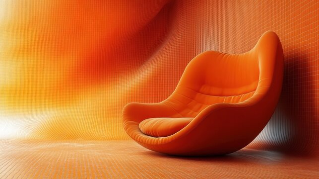 A striking orange chair with a smooth texture is presented against an abstract backdrop of warm hues and geometric patterns, creating a visually engaging composition.