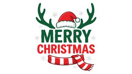 Merry Christmas festive typography with reindeer antlers Santa hat and striped scarf.
