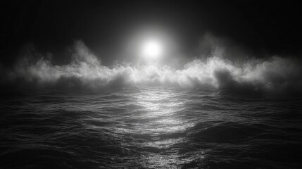 A tranquil night scene features a calm sea reflecting the warm glow of the setting sun, creating a serene and mystical atmosphere. Perfect for conveying peace, tranquility, and wonder.