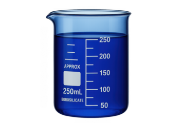 Glass beaker containing blue liquid for science experiment