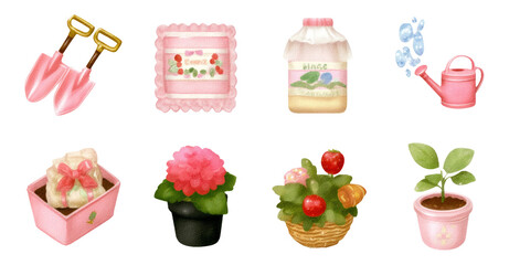 Cute Mini Gardening Icons with Tiny Shovels, Watering Cans and Pink Flower Pots