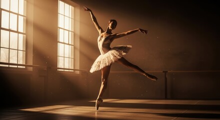 Elegant ballerina performing a graceful ballet pose in a sunlit dance studio with dramatic light rays.