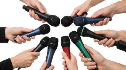 Cluster of handheld microphones in different colors (black, blue, green, red) pointed toward center