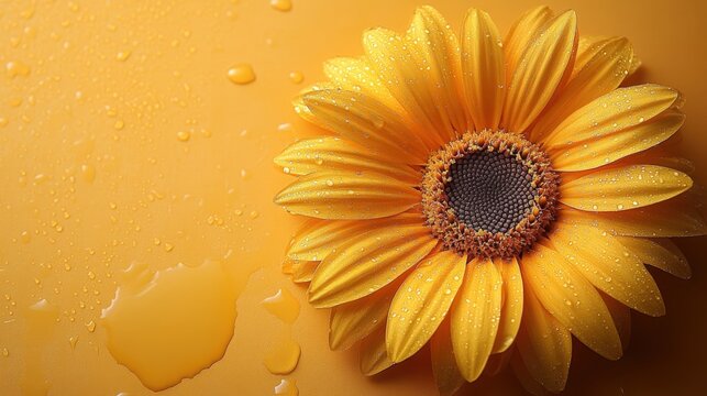 A vibrant sunflower stands prominently against an orange background, adorned with delicate dew drops. The image evokes feelings of beauty, freshness, and the simple wonders of nature. - Powered by Adobe