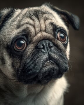 Close-up of pug with droopy eyes and dramatic hopeless expression.