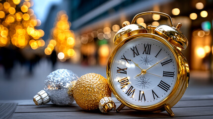 Golden alarm clock and festive ornaments signal approaching New Year's Eve celebration amidst twinkling city lights