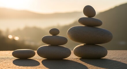 Serene stone cairns at sunset symbolizing harmony balance peace and meditation near a blurred mountainous horizon