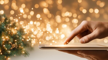 hand, Christmas, holiday sales banner, Christmas shopping concept. Festive Online Shopping Concept with Mistletoe, Lights, and Digital Tablet Screen Unzipping Store Banner.
