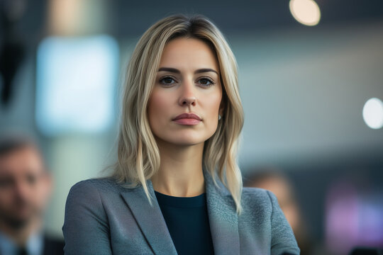 Confident businesswoman speaking into a microphone during a corporate event, captured in a clean, professional setting.