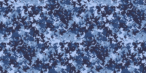Abstract blue digital camouflage pattern. Seamless texture ideal for fashion, military, gaming, or tech designs.  The fragmented, pixelated style conveys a sense of mystery and concealment.