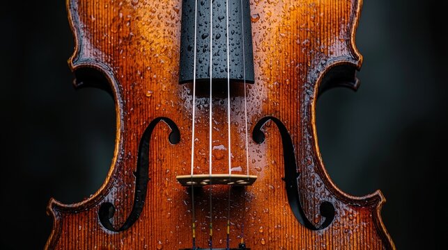 Detailed close-up showcasing the intricate f-holes of a violin, adorned with glistening water droplets reflecting light. Captures the beauty and craftsmanship of the instrument.