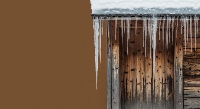 Icicles hanging from the snow-covered roof of a rustic wooden building. Close-up of a frozen door in cold winter weather with copy space