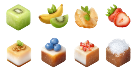Colorful Fruit Cubes on Transparent Background for Fresh Food Design Projects