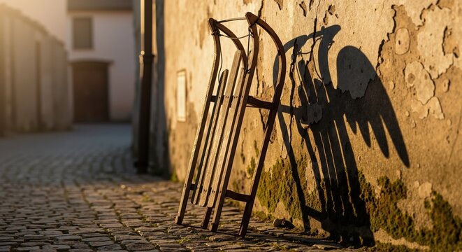 An old wooden sled leaning on a weathered wall casts a shadow of angel wings. Vintage winter nostalgia concept on a cobblestone street at golden hour