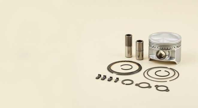 New engine piston kit with rings and pins for repair. Automotive spare parts and components on a beige background with copy space