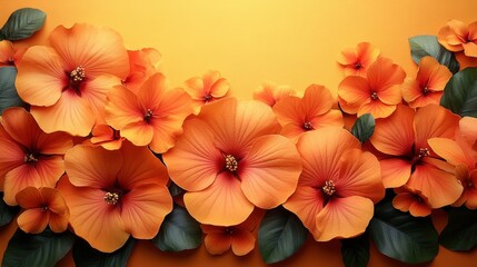 Obraz premium Close-up shot of vibrant orange hibiscus flowers accented by green leaves, set against a textured yellow background. Perfect for floral, nature, and tropical themes.