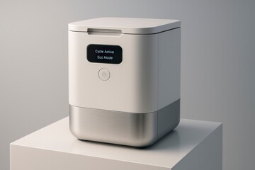 A modern smart composter with a sleek design. It features a digital display and a stainless steel base, ideal for eco-friendly waste management.