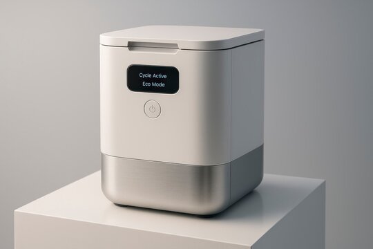 A modern smart composter with a sleek design. It features a digital display and a stainless steel base, ideal for eco-friendly waste management.
