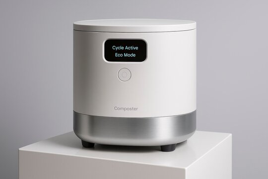 A modern smart composter with a sleek design. It features a digital display showing active cycle status. The composter is placed on a white pedestal against a gray background.
