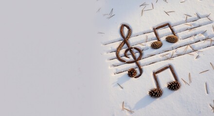 Musical notes and treble clef made from natural pine cones on a snowy background. Creative winter music and nature concept flat lay with copy space
